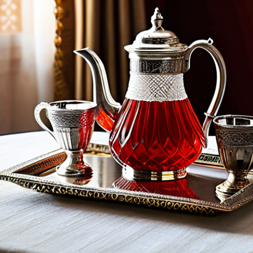 Home 7 A professional, captivating image of a traditional Arabic hospitality table, adorned with an elegant crystal pitcher of vibrant red Karkadeh, and a gleaming silver Dallah (traditional Arabic coffee pot) accompanied by small, decorative fildjan cups. The setting is a warm, inviting dining room with subtle, tasteful Arabic decor, bathed in soft, natural light, highlighting the rich textures and colors of the beverages. The composition emphasizes generous hospitality and cultural authenticity. Safe for work, appropriate content, fully clothed (if any incidental figures or hands are present), modest clothing, professional dress, perfect anatomy, correct proportions, natural pose, professional photography, high quality.