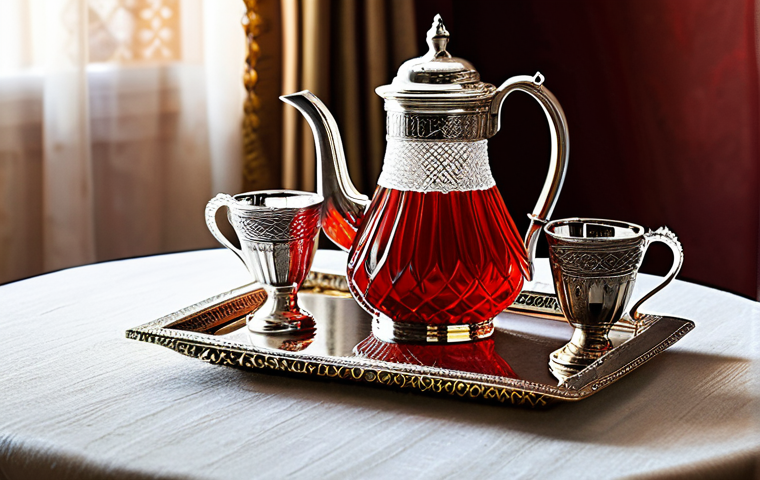 A professional, captivating image of a traditional Arabic hospitality table, adorned with an elegant crystal pitcher of vibrant red Karkadeh, and a gleaming silver Dallah (traditional Arabic coffee pot) accompanied by small, decorative fildjan cups. The setting is a warm, inviting dining room with subtle, tasteful Arabic decor, bathed in soft, natural light, highlighting the rich textures and colors of the beverages. The composition emphasizes generous hospitality and cultural authenticity. Safe for work, appropriate content, fully clothed (if any incidental figures or hands are present), modest clothing, professional dress, perfect anatomy, correct proportions, natural pose, professional photography, high quality.