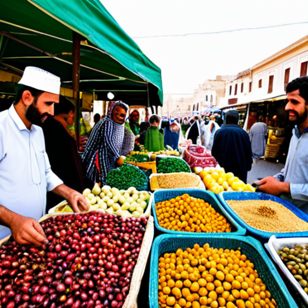 지역 농산물 활용한 커뮤니티 식사 메뉴 - **

"A bustling local farmer's market in an Arab town, overflowing with fresh produce, dates, olives...