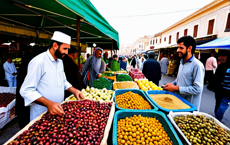 지역 농산물 활용한 커뮤니티 식사 메뉴 - **

"A bustling local farmer's market in an Arab town, overflowing with fresh produce, dates, olives...