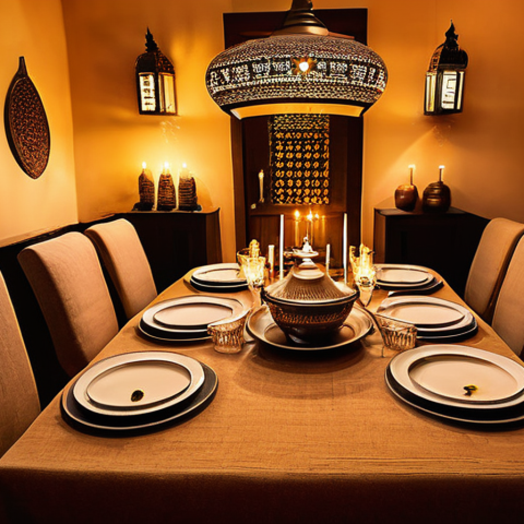 겨울철 커뮤니티 식사 테마 아이디어 - A warm and inviting scene inside a traditional Middle Eastern home during a winter evening. The foca...