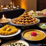 대규모 커뮤니티 식사 이벤트 준비 방법 - **Prompt:** A magnificent and opulent Arabic feast table, meticulously arranged in a grand hall, exu...