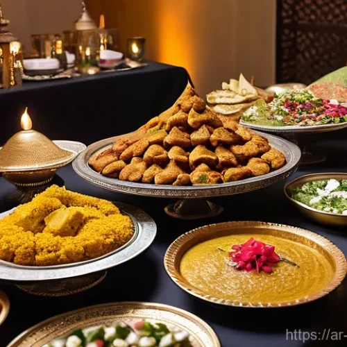 대규모 커뮤니티 식사 이벤트 준비 방법 - **Prompt:** A magnificent and opulent Arabic feast table, meticulously arranged in a grand hall, exu...