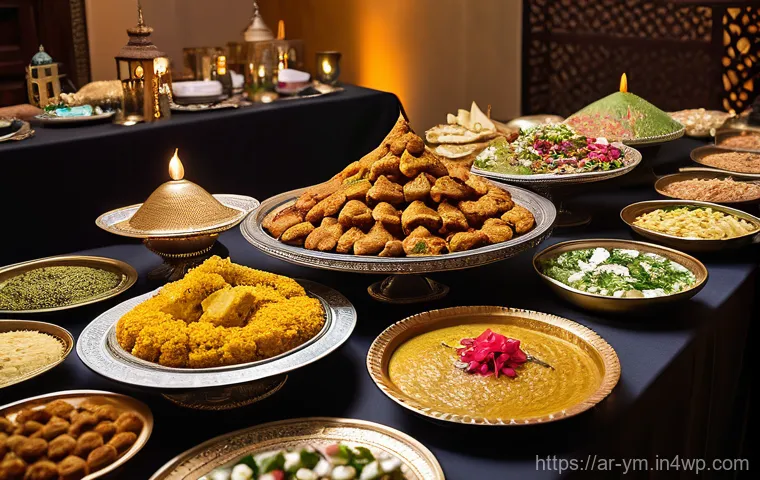 대규모 커뮤니티 식사 이벤트 준비 방법 - **Prompt:** A magnificent and opulent Arabic feast table, meticulously arranged in a grand hall, exu...