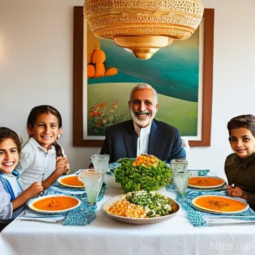 커뮤니티 식사에서의 친환경 요소 적용 방법 - **Subject:** A warm, inviting scene of a multi-generational Arab family gathered around a beautifull...