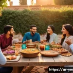 Home 21 커뮤니티 식사에 소셜 미디어 활용하기 - A vibrant social gathering of an Arabic family enjoying a traditional communal meal outdoors at suns...