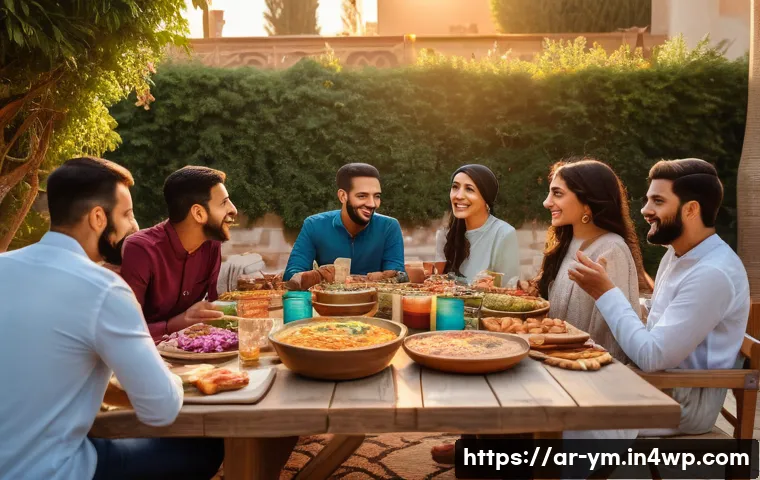 커뮤니티 식사에 소셜 미디어 활용하기 - A vibrant social gathering of an Arabic family enjoying a traditional communal meal outdoors at suns...