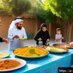 Home 19 효과적인 커뮤니티 식사 계획 방법 - A vibrant community meal event set outdoors in a Middle Eastern urban neighborhood, featuring divers...