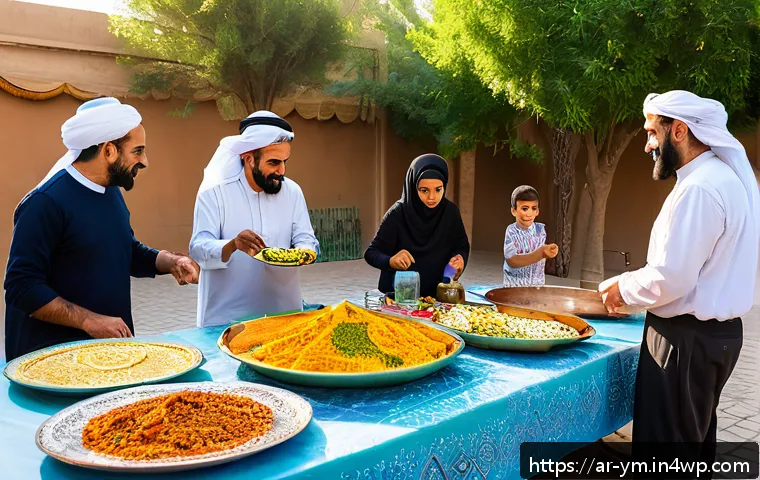 효과적인 커뮤니티 식사 계획 방법 - A vibrant community meal event set outdoors in a Middle Eastern urban neighborhood, featuring divers...