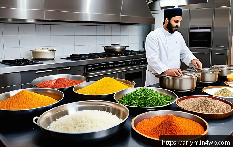 커뮤니티 식사에 필요한 주방 도구 리스트 - A vibrant, spacious Middle Eastern kitchen bustling with activity during a large family gathering. T...