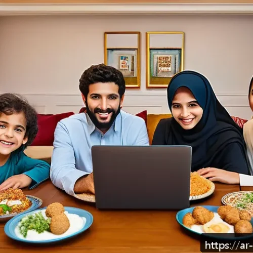 Home 17 온라인 플랫폼을 활용한 커뮤니티 식사 계획하기 - A warm and inviting virtual family dinner scene with an Arabic family of various ages, all dressed m...