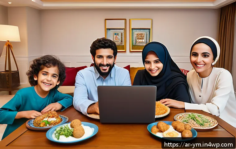 온라인 플랫폼을 활용한 커뮤니티 식사 계획하기 - A warm and inviting virtual family dinner scene with an Arabic family of various ages, all dressed m...